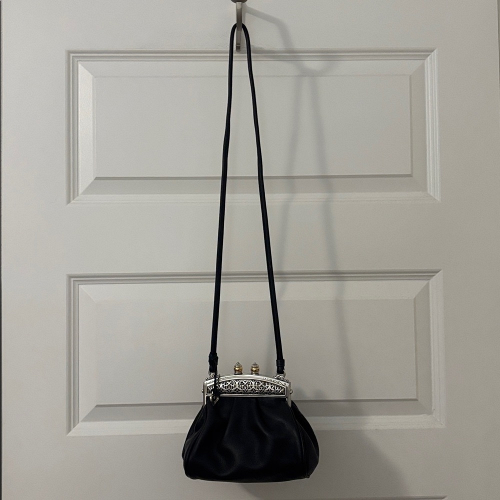 VTG Brighton black mini bag w/magnetic closure ornate silver & gold soft leather - Picture 9 of 10